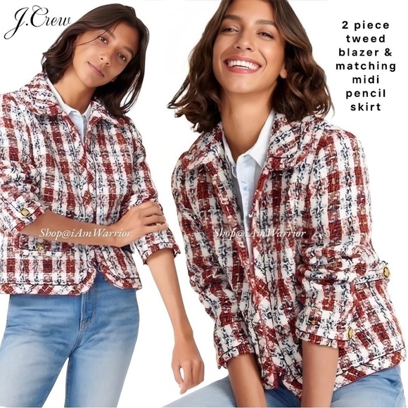 J.Crew 2 PC crimson plaid tweed jacket + matching midi skirt - Picture 2 of 15